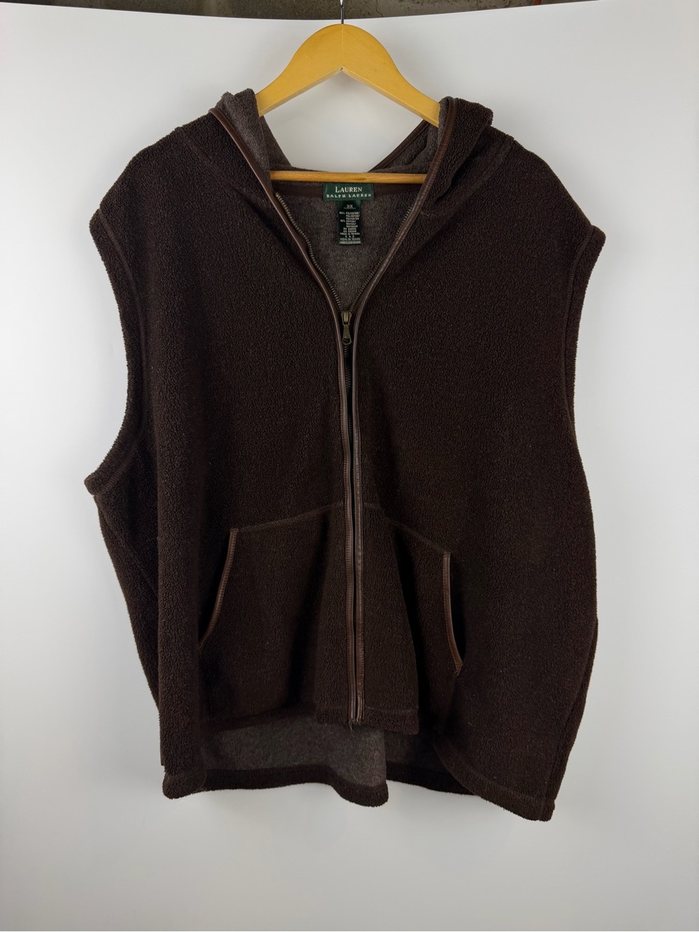 Lauren Ralph Lauren Brown Fleece Hooded Vest Zip Front Leather Trim Sz 3X